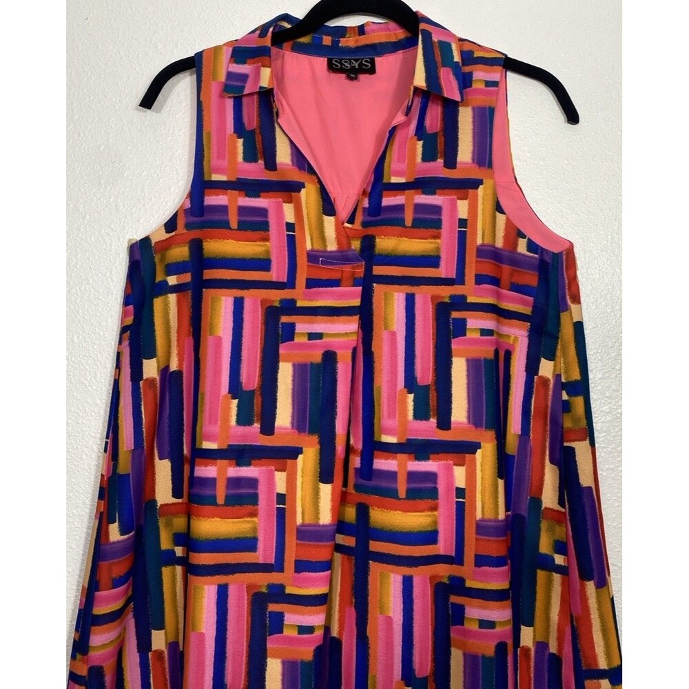 SSYS Pink Multicolor Geometric Sleeveless Shift Dress V-Neck Lightweight Size XS - Picture 5 of 14